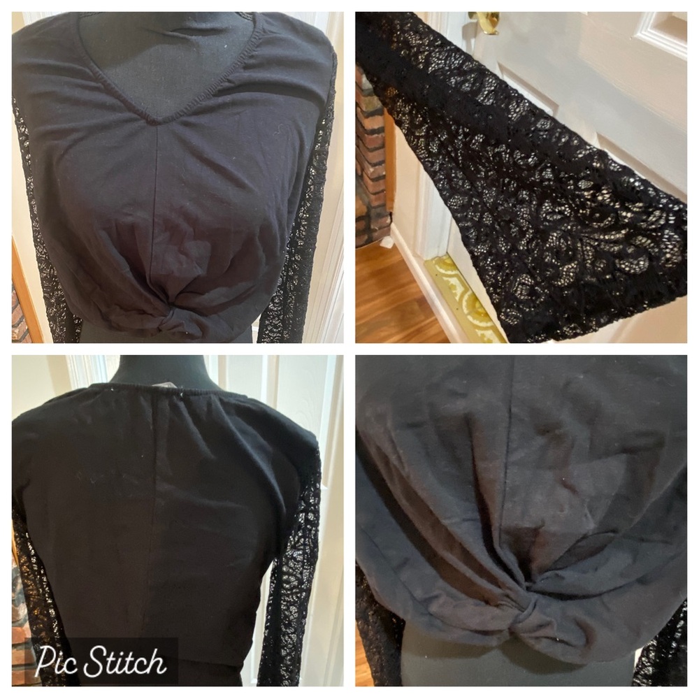 Charlotte Russe - Black Sz L V Neck Long Laced Bell Sleeve Crop Top Twist Front